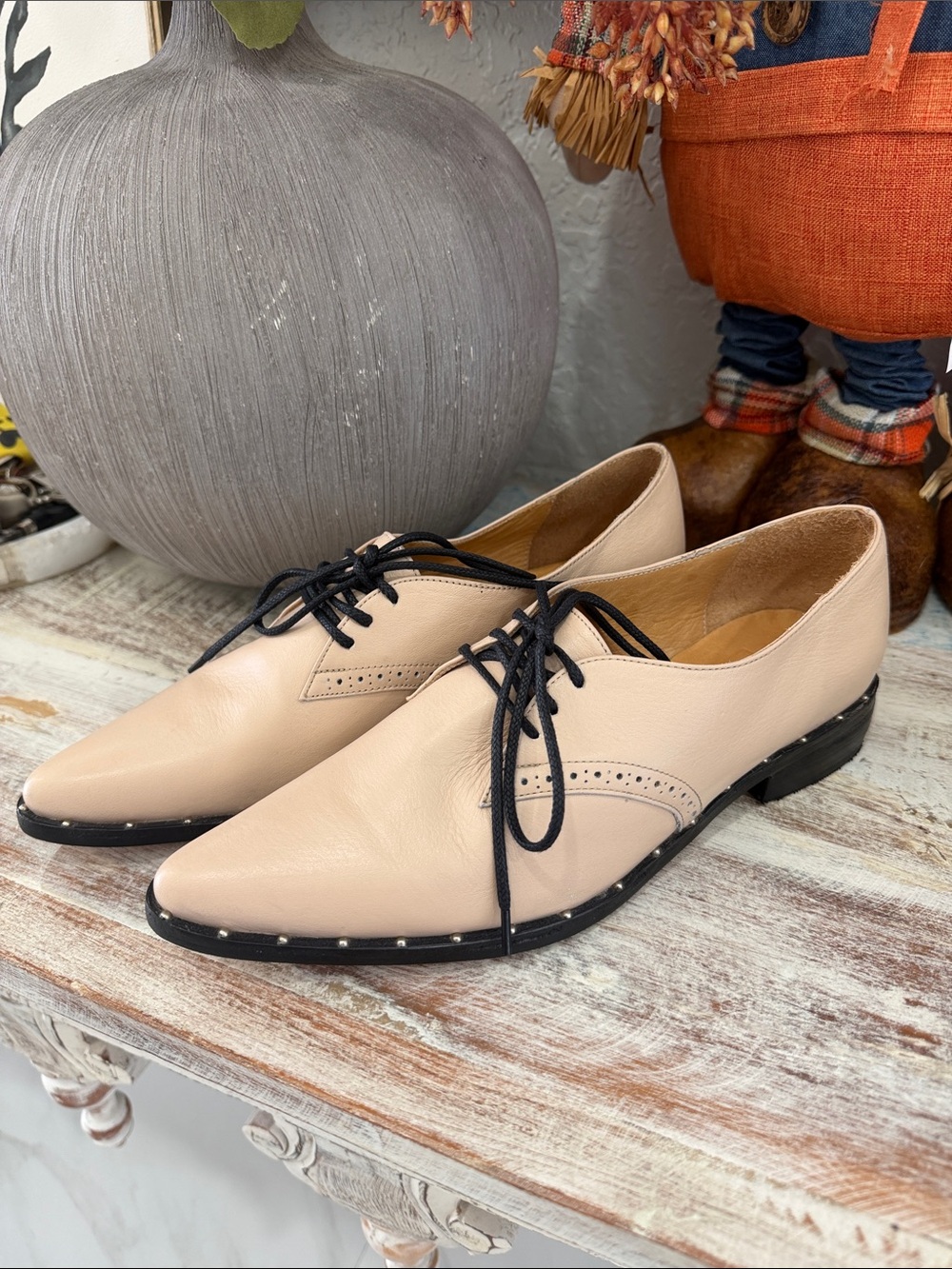 Nude Leather Pointed Toe Lace-Up Flats with Stud Trim